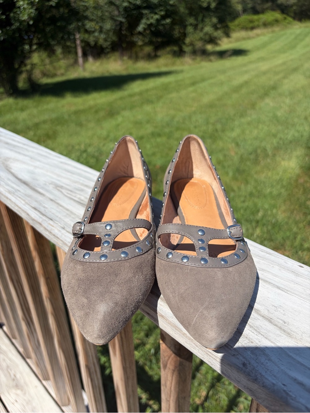 Corso Como Tawny Brown Suede Pointed Toe Studded Buckle Strappy Flats Women 7M